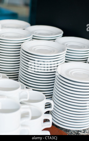 Catering. saucers, and cups of tea. Stock Photo