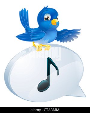 Illustration of a cute bluebird standing musical note speech bubble and singing or tweeting Stock Photo