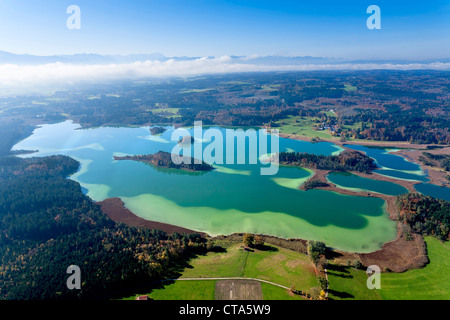 Aerial view over lakes Osterseen onto the Zugspitze, Upper Bavaria, Germany, Europe Stock Photo