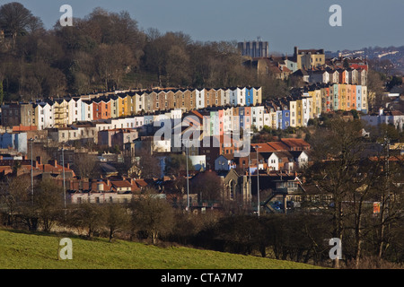 Rows of colourful hillside housing in winter in Bristol UK Stock Photo