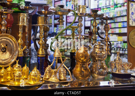 Tea pots and water pipes at Egyptian Bazaar, Misir Carsisi, Istanbul, Turkey, Europe Stock Photo