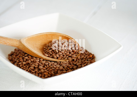 A bowl of brown lentils (Lens culinaris) with a wooden spoon Stock Photo