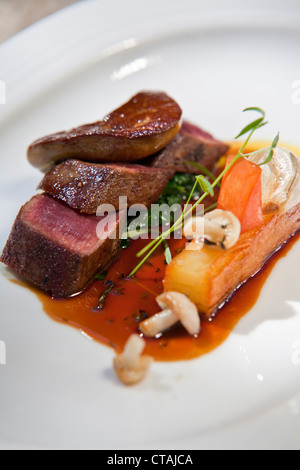 Pan-fried loin of springbok, port and fig jus, „pommes fondant“, fricassee of roasted garlic, wild mushrooms and fig, La Colombe Stock Photo