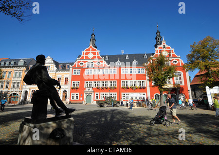 Statue of Johann Sebastian Bach with town hall, Arnstadt near Erfurt, Thuringia, Germany Stock Photo