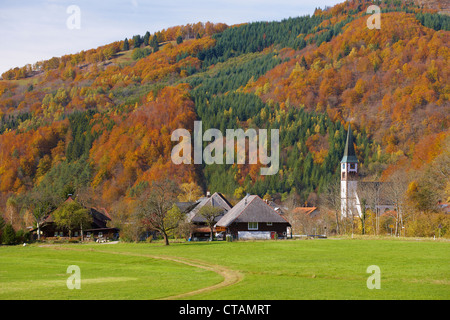 Farmhouse and church in the village of Geschwend, Todtnau-Geschwend, Southern part of Black Forest, Black Forest, Baden-Wuerttem