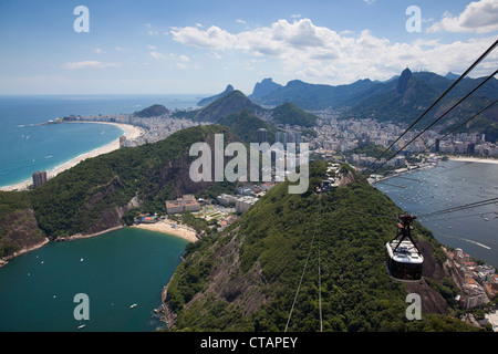 View over city from Pao de Acucar, Sugar Loaf, mountain with Sky Gondola cable car, Rio de Janeiro, Rio de Janeiro, Brazil, Sout Stock Photo