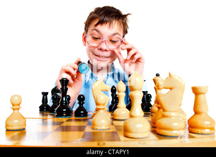 Nerd play chess on a white background Stock Photo