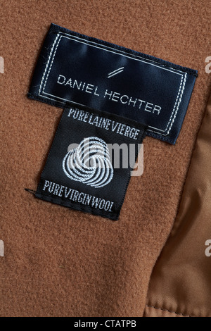 labels inside Daniel Hechter pure virgin wool brown coat - label - sold in the UK United Kingdom, Great Britain Stock Photo