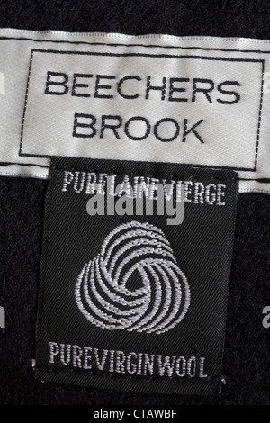 labels in Beechers Brook pure virgin wool black coat - label - sold in the UK United Kingdom, Great Britain Stock Photo