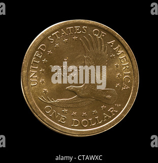 Macro front view of the eagle on a USA one dollar coin isolated against black Stock Photo