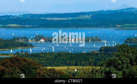 View from Ratzinger Hoehe over lake Chiemsee and Fraueninsel, Chiemgau, Upper Bavaria, Germany Stock Photo