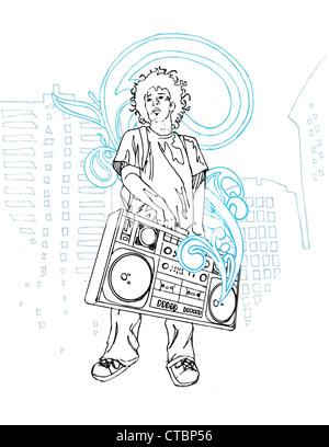 Line drawing of young man with boombox. Stock Photo