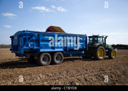 John Deere 7930 tractor & Stewart GX20-24Z trailer during potato harvest in Norfolk on a sunny bright day. Stock Photo