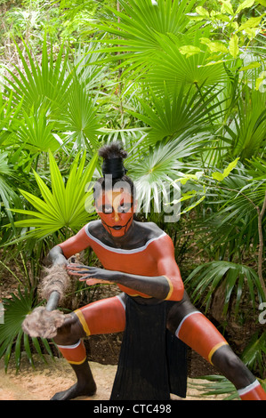 A Maya actor/dancer in Rattle Snake (Serpiente Casecabel) dress (costume) at the Riviera Maya's Xcaret Park in Mexico. Stock Photo