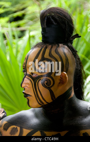 A Maya sacred animal actor/dancer in Dios Jaguar dress (costume) at the Riviera Maya's Xcaret Park in Mexico. Stock Photo