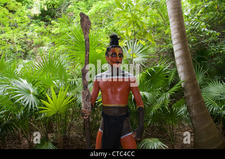 A Maya actor/dancer in Rattle Snake (Serpiente Casecabel) dress (costume) at the Riviera Maya's Xcaret Park in Mexico. Stock Photo