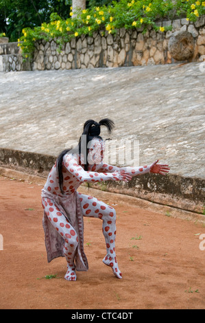 A Maya actor/dancer in Death (Ah Poch) dress (costume) at the Riviera Maya's Xcaret Park in Mexico. Stock Photo