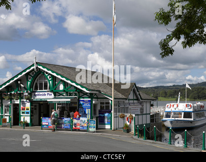Ambleside Pier and ticket office on Lake Windermere in summer Lake District National Park Cumbria England UK United Kingdom GB Great Britain Stock Photo