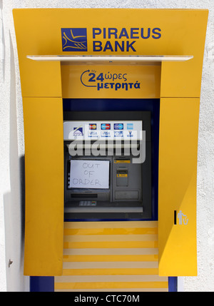 Piraeus Bank machine with out of order notice Stock Photo
