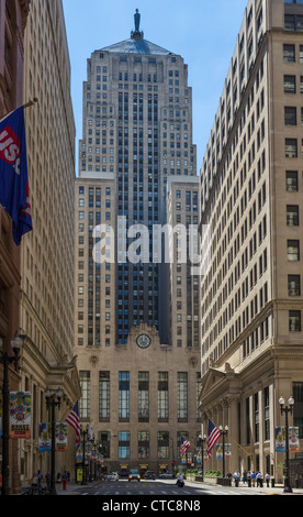 Chicago Board of Trade on Jackson Boulevard from La Salle Street with Federal Reserve Bank to right, Loop district, Chicago, IL Stock Photo