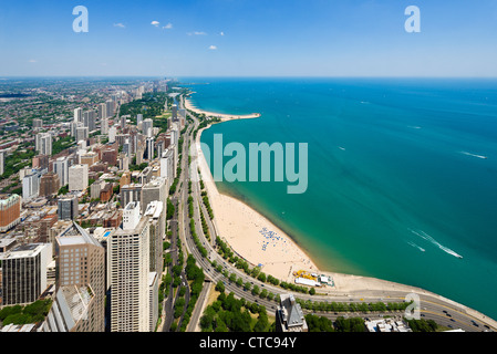 View over Oak Street and North Avenue beaches on Lake Michigan from 360 Chicago in the John Hancock Center, N Michigan Avenue, Chicago, Illinois, USA Stock Photo