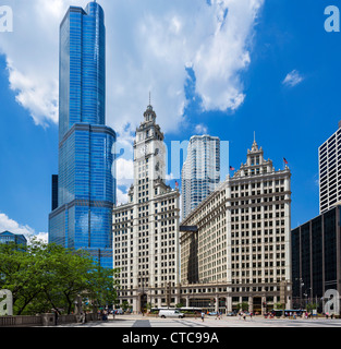 The Wrigley Building on N Michigan Avenue with the Trump International Hotel and Tower behind, Chicago, Illinois, USA Stock Photo