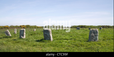 ancient cornish stone circle of 19 stones called the Merry Maidens near St Buryan and Penwith Stock Photo