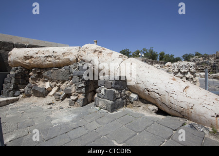 Columns toppled by a massive earthquake on January 18, 749 CE in the ancient Roman city of Beit She'an (Scythopolis), Israel. Stock Photo