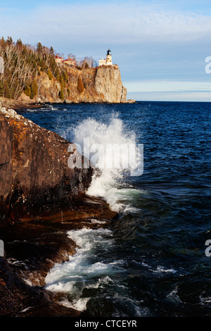 The rugged, rocky North Shore of Lake Superior in Minnesota hosts Split Rock lighthouse. Stock Photo