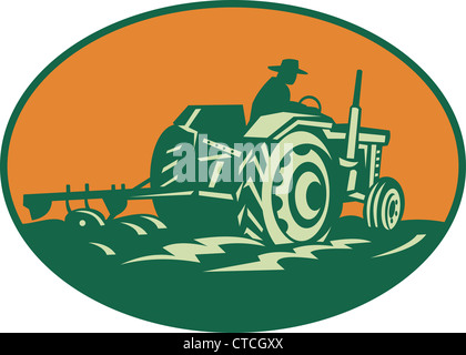 Retro illustration of a farmer worker driving a vintage farm tractor plowing field set inside ellipse. Stock Photo