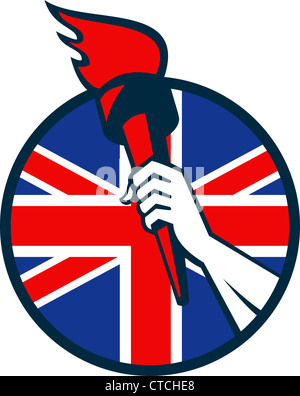 Retro illustration of an athlete hand holding a flaming torch with union jack Great Britain British flag set inside circle Stock Photo
