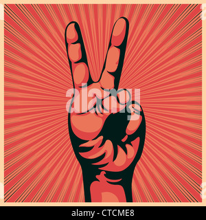 Vector illustration in retro style of a hand with victory sign Stock Photo
