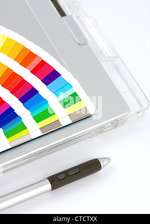 Color Chart, Graphics Tablet And Pen Stock Photo