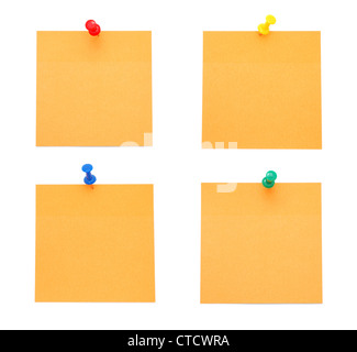Orange Post-it Notes with Push Pins isolated on white background Stock Photo