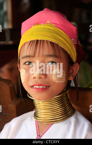 Portrait of young long-necked girl from Padaung tribe, Inle lake, Shan state, Myanmar, Southeast Asia Stock Photo