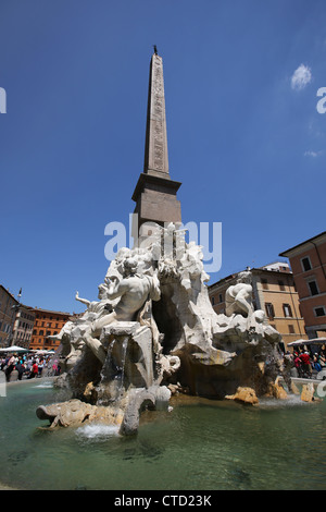 City of Rome, Italy. Picturesque view of the mid-17th century Gian Lorenzo Bernini designed Fountain of the Four Rivers. Stock Photo