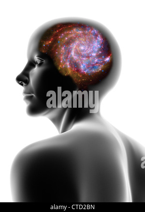 Female head and spiral galaxy Stock Photo