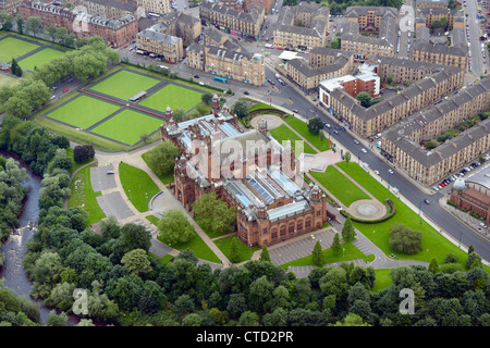 Aerial view Kelvingrove Art Gallery and Museum Glasgow with the bowling greens on the left. Stock Photo