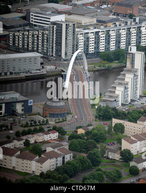 Aerial view of The Clyde Arc (known locally as the Squinty Bridge), a road bridge spanning the River Clyde in Glasgow.