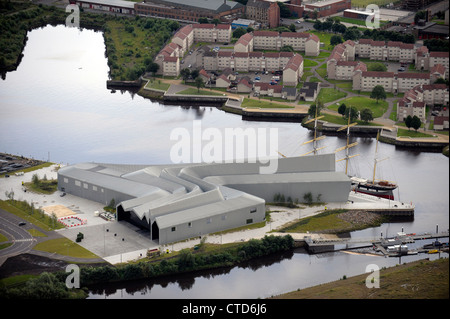 Aerial view of the SV Glenlee berthed alongside the Glasgow Riverside Museum: Scotland's Museum of Transport and Travel. Stock Photo