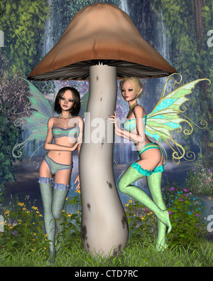 Pretty Pastel Fairies with Waterfall Background Stock Photo