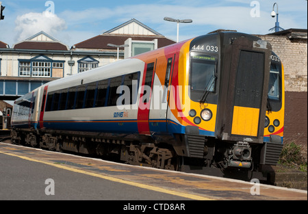 Class 444 passenger train in South West Trains livery at Clapham Junction station, England. Stock Photo