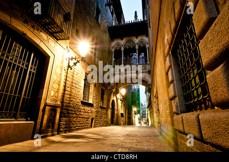 Night view of the neogothic-style bridge by architect Joan Rubió over Carrer del Bisbe, Barcelona, Catalonia, Spain Stock Photo