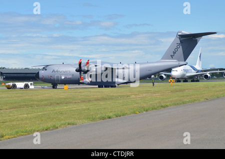 Airbus Military A400M being pushed back at Farnborough International Airshow, 2012. Stock Photo