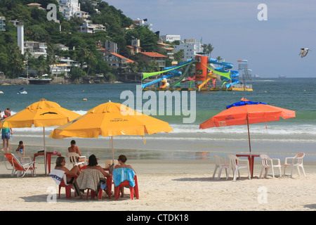 The beach and water slides at Guaruja, Sao Paulo, Brazil Stock Photo