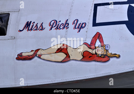 'Miss Pick Up' nose art on a Canadian Vickers PVB-1A Canso flying boat. The Canso was a Canadian-built PBY Catalina. Stock Photo