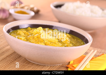 Chicken-mango curry with rice in the back (Selective Focus, Focus on the chicken piece in the front) Stock Photo
