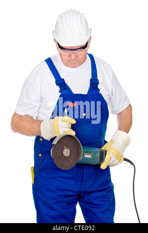 Middle age man in worker suite holding surface grinding machine, isolated on white background Stock Photo