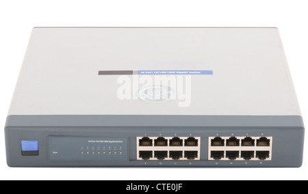 Network switch front panel with 16 ports isolated Stock Photo