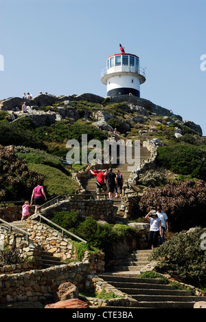 Cape Point, the extreme tip of the African continent, Cape Peninsular South Africa. Tourists make their way up to the lighthouse Stock Photo